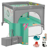 Tarc de joaca, Lionelo, Mille Plus, Pliabil, Include saltea cu densitate T25, 4 jucarii cu velcro, Manere textile, Geanta de transport, Cu roti si inchidere laterala, Pereti din plasa pentru vizibilitate si aerisire, 100 x 100 x 77 cm, Verde