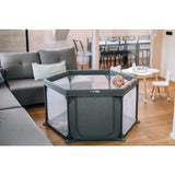 Tarc de joaca, FreeON, Hexagonal, Pentru bebe, Cu 4 manere, Intrare cu fermoar, Cu geanta de transport, 117 x 67 x 67 cm, Conform cu standardul european de securitate EN 12227:2010, Grey