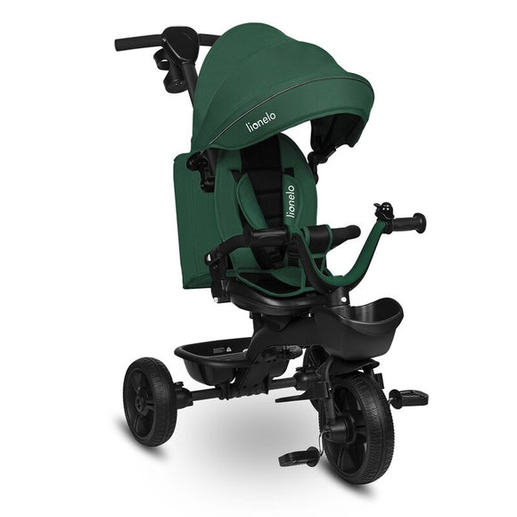 Tricicleta copii, Lionelo Kori, ultra-pliabila si multifunctionala, cu scaun rotativ 360°, control parental, suport pentru picioare si accesorii premium, Verde