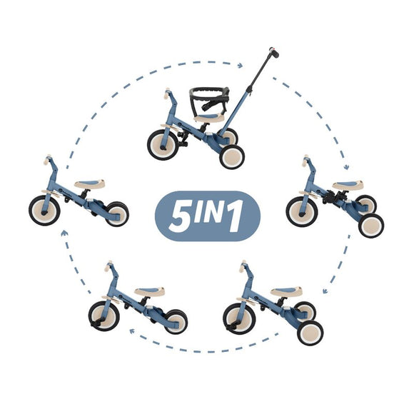 Tricicleta, Petite&Mars, Turbo, 5 in 1, Multifunctionala, Vehicul de impins, Bicicleta cu/fara pedale, Cu maner de ghidaj, Detasabil, Roti din cauciuc, Pana la 25 kg, 1.5-5 ani, Ocean Blue
