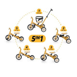 Tricicleta, Petite&Mars, Turbo, 5 in 1, Multifunctionala, Vehicul de impins, Bicicleta cu/fara pedale, Cu maner de ghidaj, Detasabil, Roti din cauciuc, Pana la 25 kg, 1.5-5 ani, Ocru