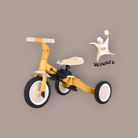 Tricicleta, Petite&Mars, Turbo, 5 in 1, Multifunctionala, Vehicul de impins, Bicicleta cu/fara pedale, Cu maner de ghidaj, Detasabil, Roti din cauciuc, Pana la 25 kg, 1.5-5 ani, Ocru