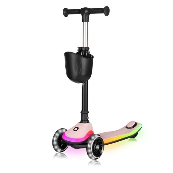 Trotineta pentru copii, Lionelo, Mey, Ultrapliabila, Cu lumini si cosulet, Maner ajustabil pe inaltime, 3 ani+, Pana la 50 Kg, Ultra usor, 2.8 kg, Conform cu standardul EN71-1/2/3, Certificata Intertek, Roz