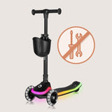 Trotineta pentru copii, Lionelo, Mey, Ultrapliabila, Cu lumini si cosulet, Maner ajustabil pe inaltime, 3 ani+, Pana la 50 Kg, Ultra usor, 2.8 kg, Conform cu standardul EN71-1/2/3, Certificata Intertek, Negru