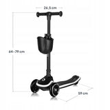 Trotineta pentru copii, Lionelo, Mey, Ultrapliabila, Cu lumini si cosulet, Maner ajustabil pe inaltime, 3 ani+, Pana la 50 Kg, Ultra usor, 2.8 kg, Conform cu standardul EN71-1/2/3, Certificata Intertek, Negru