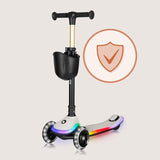 Trotineta pentru copii, Lionelo, Mey, Ultrapliabila, Cu lumini si cosulet, Maner ajustabil pe inaltime, 3 ani+, Pana la 50 Kg, Ultra usor, 2.8 kg, Conform cu standardul EN71-1/2/3, Certificata Intertek, Bej