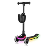 Trotineta pentru copii, Lionelo, Mey, Ultrapliabila, Cu lumini si cosulet, Maner ajustabil pe inaltime, 3 ani+, Pana la 50 Kg, Ultra usor, 2.8 kg, Conform cu standardul EN71-1/2/3, Certificata Intertek, Negru