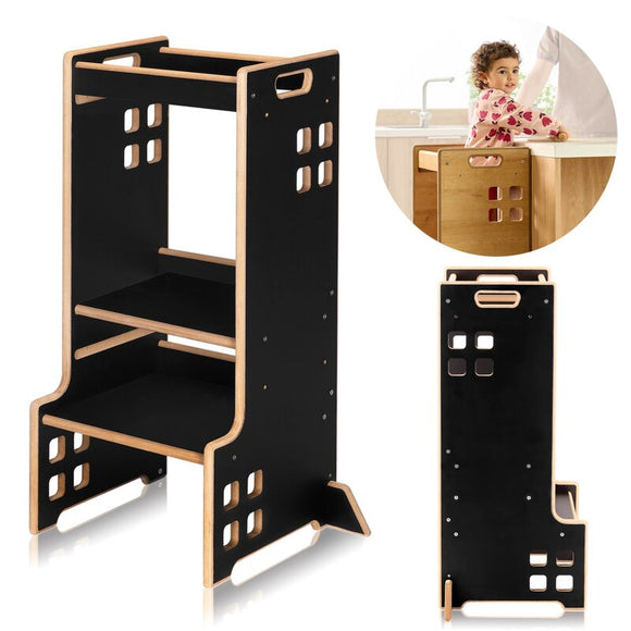 Turn de invatare Montessori, Lionelo, Cass, Functie de raft pentru carti, Pana la 30 kg, 12 luni - 6 ani, Din MDF si furnir, 3 trepte de inaltime, Negru