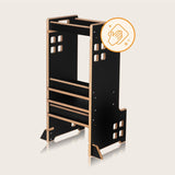 Turn de invatare Montessori, Lionelo, Cass, Functie de raft pentru carti, Pana la 30 kg, 12 luni - 6 ani, Din MDF si furnir, 3 trepte de inaltime, Negru