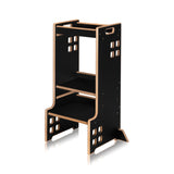 Turn de invatare Montessori, Lionelo, Cass, Functie de raft pentru carti, Pana la 30 kg, 12 luni - 6 ani, Din MDF si furnir, 3 trepte de inaltime, Negru