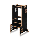 Turn de invatare Montessori, Lionelo, Cass, Functie de raft pentru carti, Pana la 30 kg, 12 luni - 6 ani, Din MDF si furnir, 3 trepte de inaltime, Negru