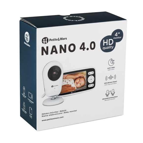 Video monitor, Petite&Mars, Nano 4.0, Ecran HD, Zoom digital 3×, Raza de actiune 300m, Suport pentru pana la 4 camere, Comunicare bidirectionala, 8 melodii, Alb