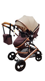 Carucior Belecoo , model 2 in 1 cu suspensii si roti cauciuc plin ,recomandat 0-36 luni, culoare bej/maro , BBDBLCBM