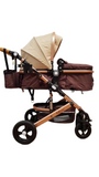 Carucior Belecoo , model 2 in 1 cu suspensii si roti cauciuc plin ,recomandat 0-36 luni, culoare bej/maro , BBDBLCBM