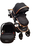 Carucior Belecoo 3 in 1 cu suspensii si roti cauciuc plin, reversibil, accesorizat culoare NEGRU, BBD530WN