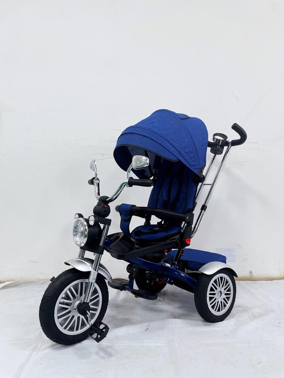 Tricicleta  evolutiva, roti cauciuc, cu pozitie de somn, scaun rotativ si muzica distractiva, culoare ALBASTRU BBD5199A