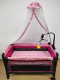 Patut pentru bebelusi cu baldachin , laterala pliabila cu masa de infasat si carusel , roz BBDT1ROZ