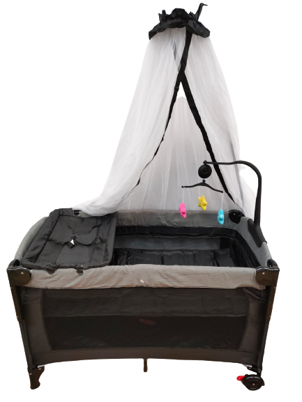 Patut pentru bebelusi cu baldachin , laterala pliabila cu masa de infasat si carusel ,GRI BBDT1GRI
